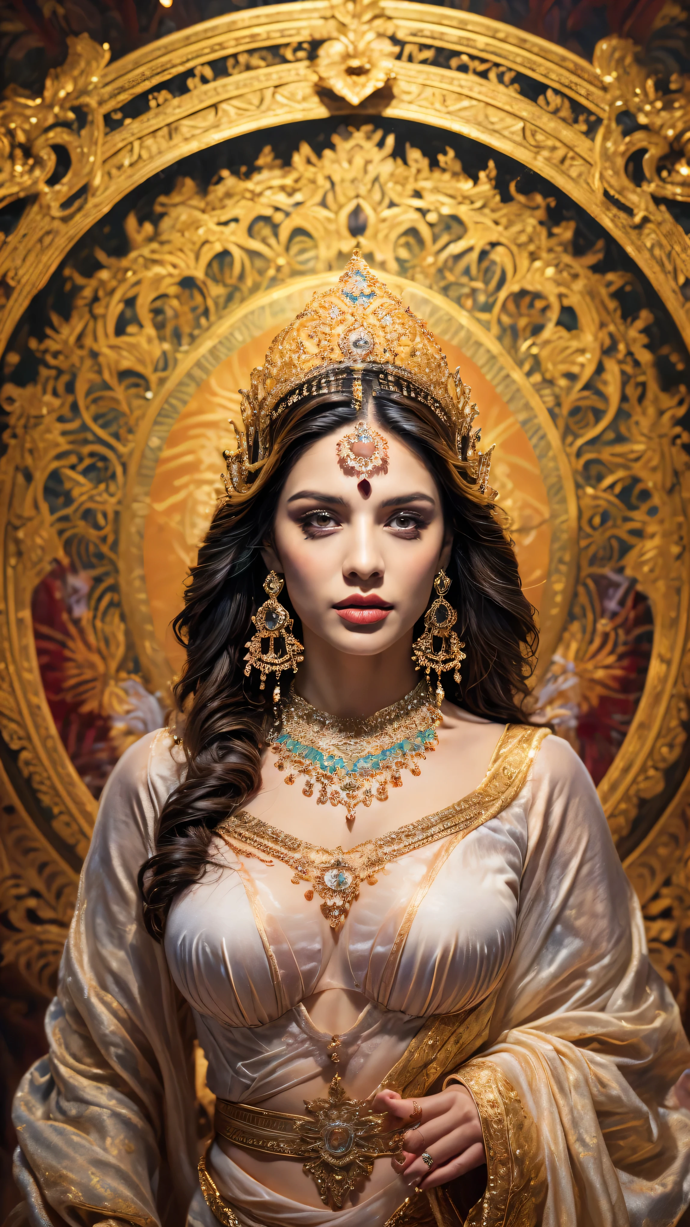 ((Best quality, 8k, Masterpiece :1.3)), Sharp focus :1.2, Generate a realistic image of a beautiful sexy Indian woman plus size body: 8.5 (masterpiece like a princess) (body like divine girl) dressed divine clothes white skirt and print bra, adorned with traditional ornaments, standing in a well-lit room with cinematic lighting. ((Front view, random elegant pose)), and there is a sense of grace and elegance in her posture. The background should complement the scene, enhancing the overall aesthetic appeal of the image. Photography by Brandon Woelfel, Full shot: Canon EF 16-35mm f/2.8L III USM lens on a Canon EOS 5D Mark IV camera, ultra realistic, 32k, HD