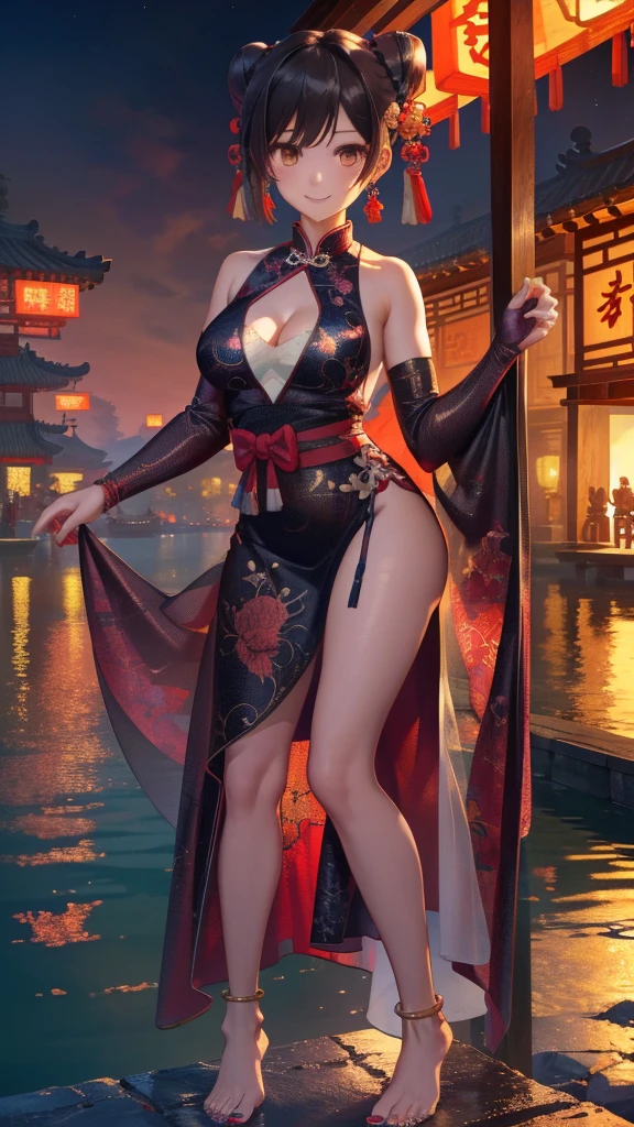 masterpiece,best quality,official art,extremely detailed CG unity 8k wallpaper, (wide shot),1girl, (Miyu Edelfelt),,black hair,brown eyes,seductive smile,(cleavage cutout), barefoot, see-through dress, butterfly, butterfly hair ornament, backless dress,  sheer see-through provocative chinese clothes,sleeveless, double bun,golden dragon print,bare foot,spread legs,elbow gloves,hair bun, hair ornament,jewelry,earrings,bead anklet,slim legs,nail polish, large natural breasts, solo, toenail polish, toenails, toes, twintails,outdoor,Chinese style architecture, Chinese style, lake, ancient town, beautiful and meticulous water,the red lantern,fireworks,