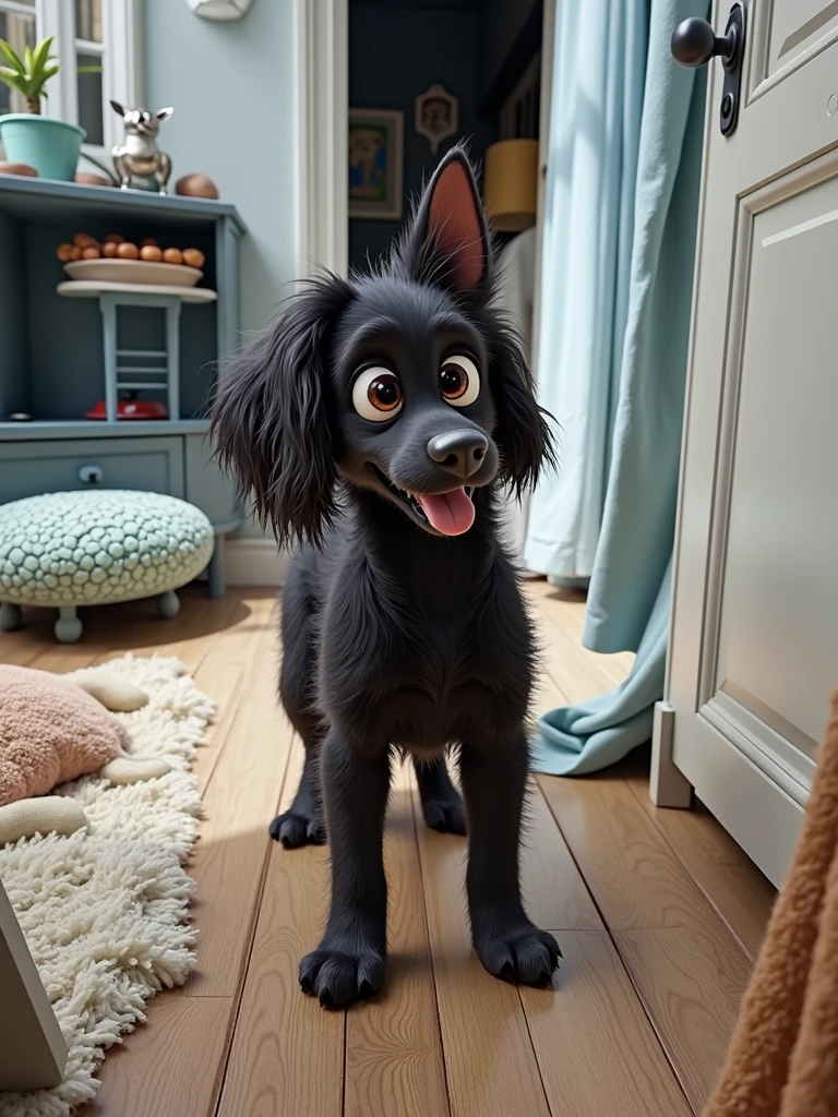 turn the black dog into a cartoon character, pixar style