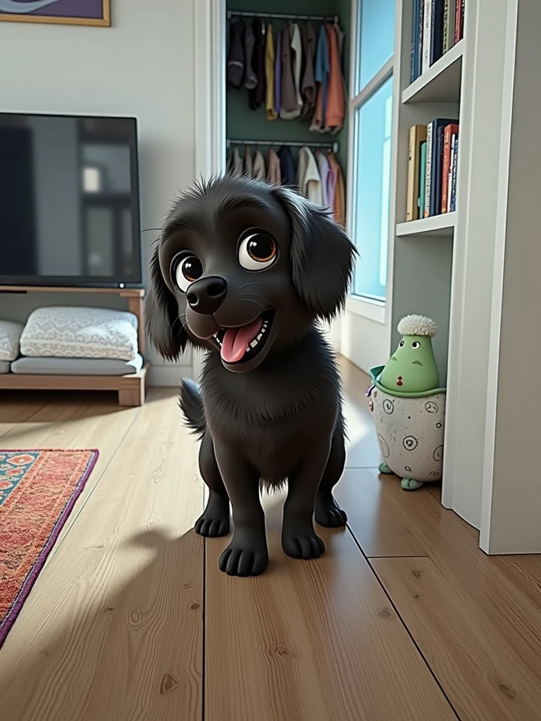 turn the black dog into a cartoon character, pixar style
