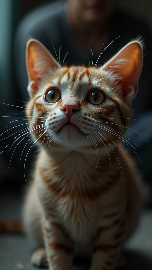A scene of a cat looking up sadly, trying to get the owner’s attention. The cat’s eyes are moist as it stares intently at the owner. In the background, the indifferent owner is blurred, emphasizing the cat’s worried and downcast expression as it feels ignored.
Realistic cat and master、Cinematic lighting、8k.4K、Realistic