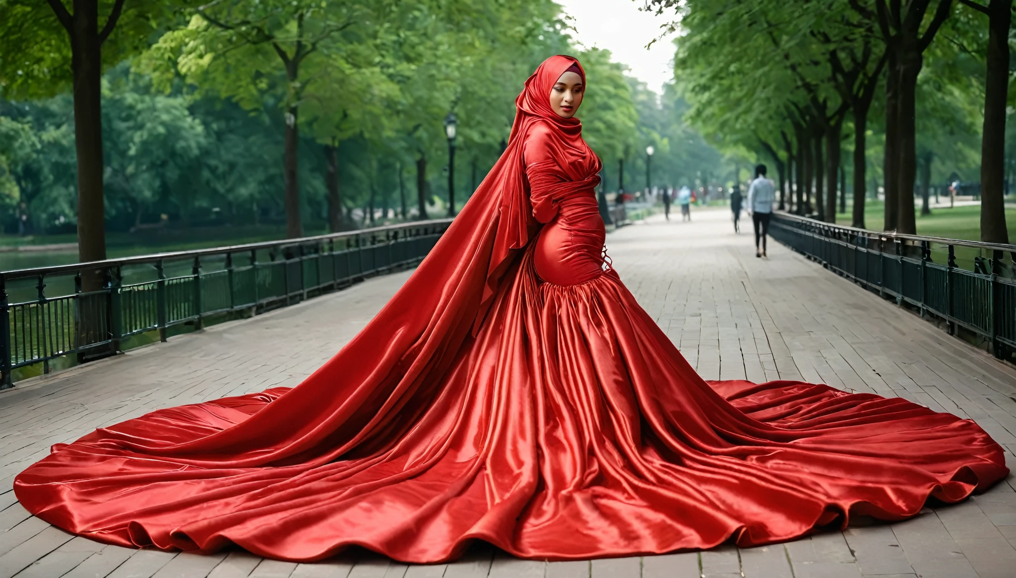 A woman shrouded in a 14-meter-long, plush red satin cloth, tightly bound and grandly draping along the form of her body, flowing off into a pooled floor-length train, styled in a mermaid-inspired outfit, her head modestly veiled in a satin hijab, tall woman, walk in city park, a full-body pose conveying a sense of mysterious elegance, captured in a 4k resolution, ultra-realistic