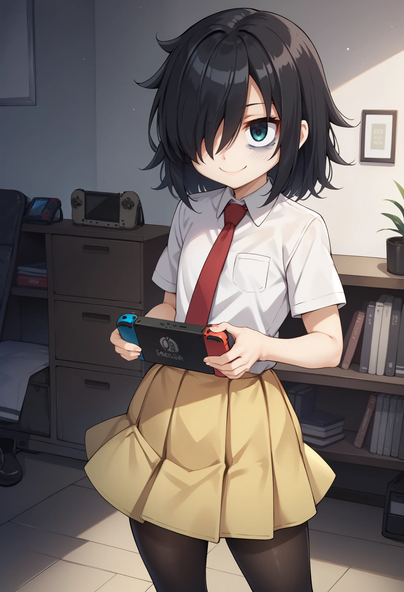 score_4, score_5, score_6, score_9, score_8_up, score_7_up, solo,tomokoxl, hair over one eye, bags under eyes, black hair, medium hair, school uniform, black pantyhose, red necktie, yellow skirt, pleated skirt, collared shirt, short sleeves, playing games, nintendo switch, smile, room, indoors