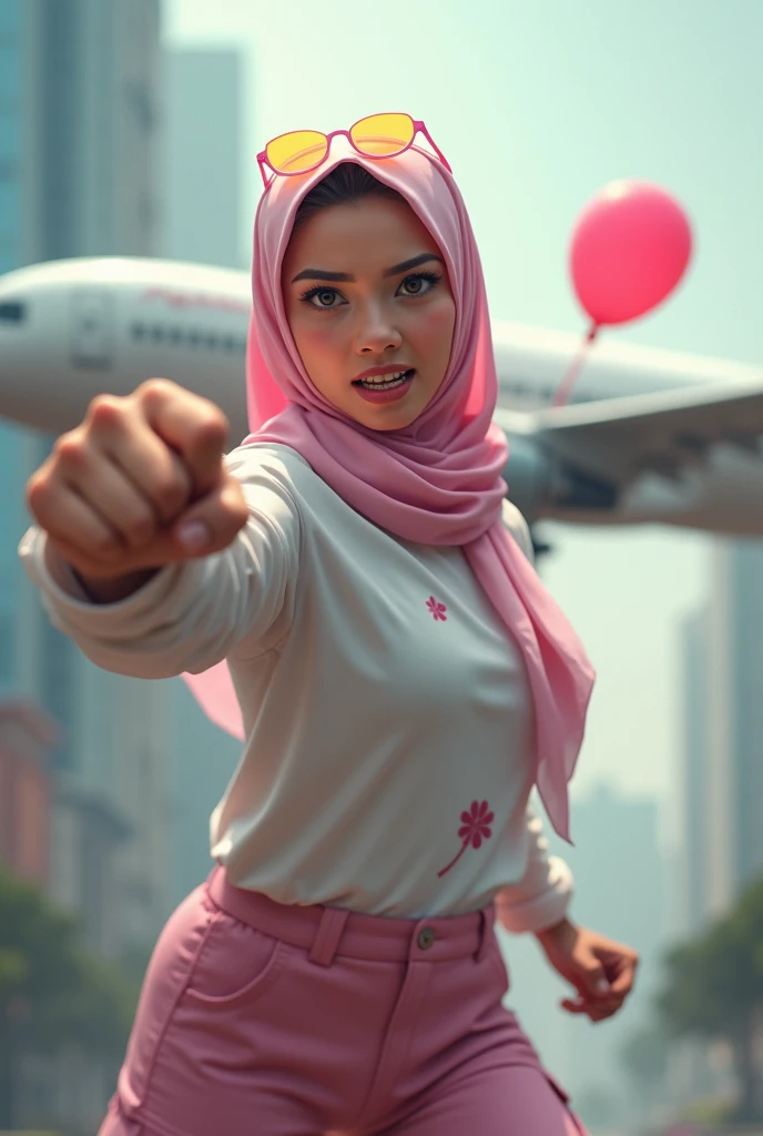 Malaysia women a realistic masterpiece. Human .wear pink watch.. 1girl wearing a hijab. detailed beautiful face, Hijab Muslim. Wear long sleeve moder design mixed sew pink white loose size. Small detail ,cargo suit. Pink cargo pant.. . anger face, minimalist flower on shirt. . anger face. Open mouth. Wear pink white. Wear small Safety Pink yellow glasses google spectacle top on head. . Age 20 year old. Flying position. Fast fly. Panning effect Photography . Flying have a super strong power.. punch. Flying beside aeroplane . Fight pose. Bokeh background. fist front.. At the city. Bad waether. , detailed lips, long eyelashes. Hero, modest expression, delicate facial features, natural skin tones, , detailed folds and textures of hijab, natural lighting, high quality, photorealistic, 8k, best quality. Malaysia girl. Floating balloon. ). . . Braces teeth. Boleh background. Panning effect. Fast flying.
