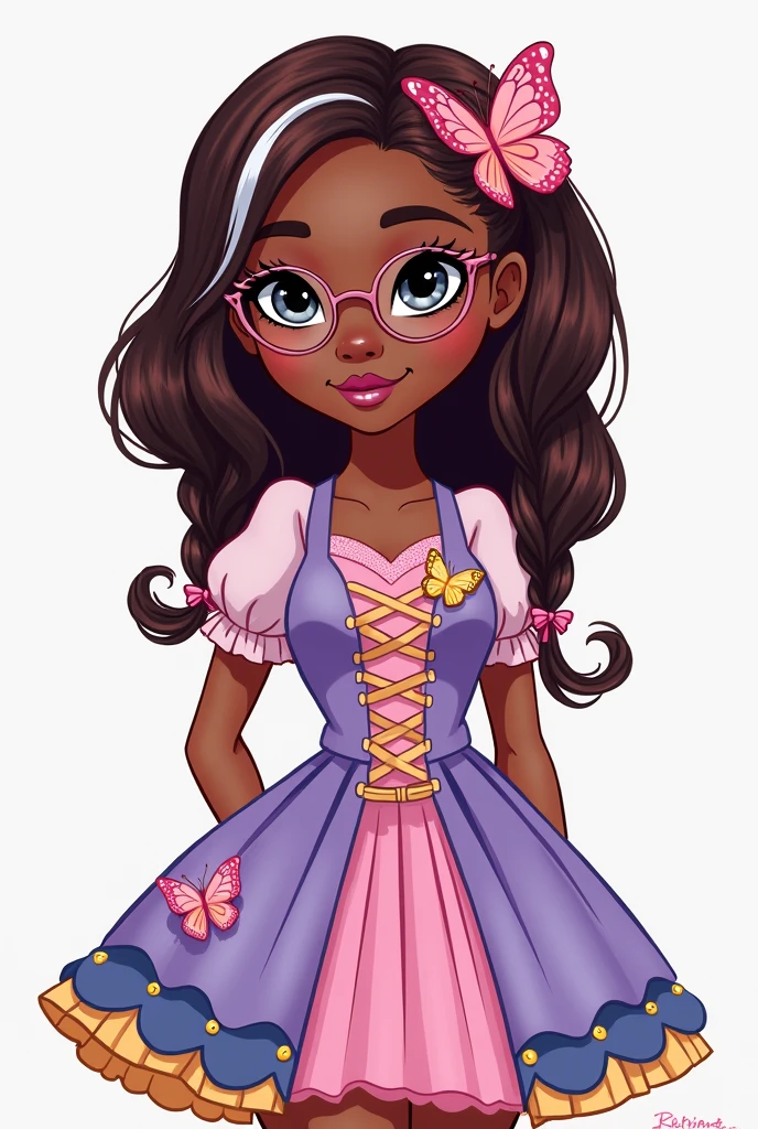 Imagem da filha da Cerise Hood e da Cedar Wood de Ever After High: One with dark skin, gray eyes, brown hair with white streak with two braids with the hair parted in the middle and the braids, round glasses, light purple dress, pink and white on top and yellow and blue on the bottom, butterfly elements on clothes