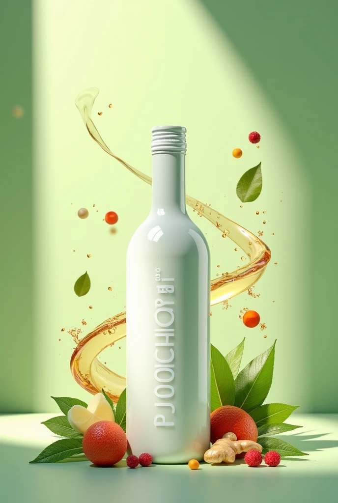 Photorealistic 3D image of a health drink bottle:
A clean white Sparkling wine-shaped bottle with a Pochongplus label, positioned at the center
Various herbs swirling in a spiral towards the bottle's mouth, such as pennywort leaves, lemongrass, ginger, and pandan leaves
Main Pochong herbs floating around the bottle, like licorice, monk fruit, and goji berries
Light gleaming on the bottle's surface, creating dimension and a refreshing feel
Background gradient from light to dark green, conveying nature and health