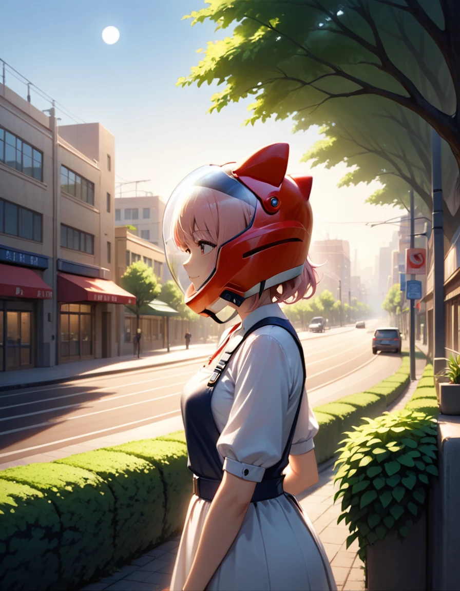 , space helmet ,girl s, 1girl,solo,smile,(short light pink hair:1.3),standing as a tram passes by in the background of a morning cityscape the tracks beside her, casting soft shadows in the soft morning light. The city should be waking up, with soft light illuminating the buildings, streets and trees. The overall mood should be calm and serene, capturing the peacefulness of the morning in a bustling city,, ,,red helmet, space helme, cat ears, red helmet, from side, upper body
