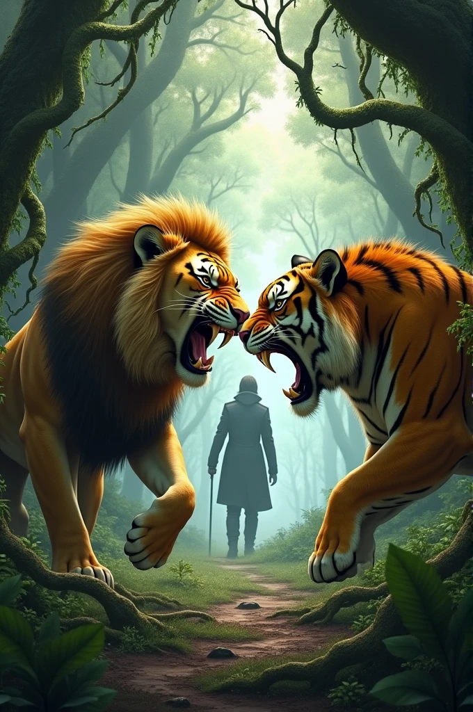 A lion and tiger in a forest looking angry and ferocious . Both are roaring . A man in black coat is walking with them