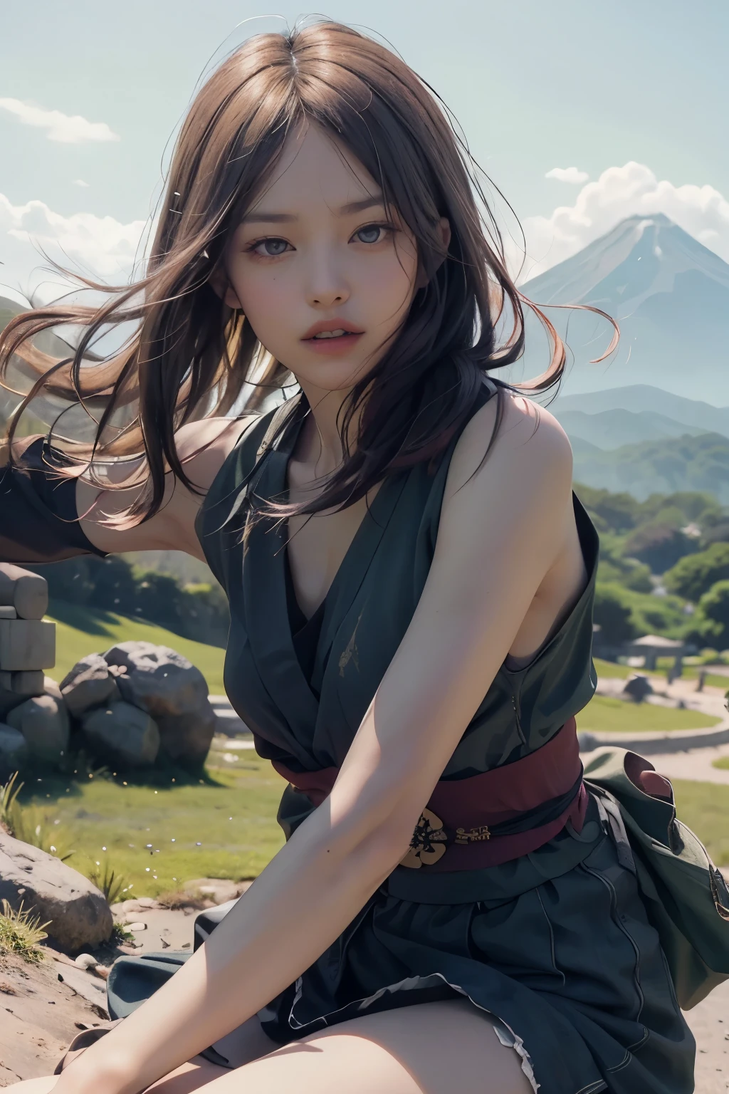 (Positive Focus)、(in the darkness nigth:1)、(beste-Qualit)、(Realisticity:1)、realistic skin textures、Extremely detailled、32k wall paper、volume illumination、Dynamic lighting、hand guard、veils、Ancient Japanese Wind、Escape Action、run、scape、Chased、Semi-crouched attack stance、Clothes torn、ancient Japanese battlefield、Group of ancient soldiers chasing and killing、Flying arrows、bio、nights、dramatic compositions、sayaairie、((Flat Chest)),((A beautiful girl)),(Are thin),(professional lighting),(No underwear),((Beautiful Eyes)),(A plain ancient Japanese kimono in navy blue),(The beautiful balance of the left and right pupils),The Mountains and Fields of the Battlefield,A Beautiful Warrior Skilled with the Sword,Sleeveless,Upper body with a battle sash,assassin,Secret,