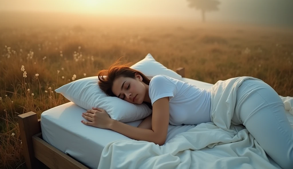 Aerial view of a woman with dark brown hair and white t shirt awakes from her sleep, the bed is at an open space, in the middle of a field, with bright sunlight but foggy environment