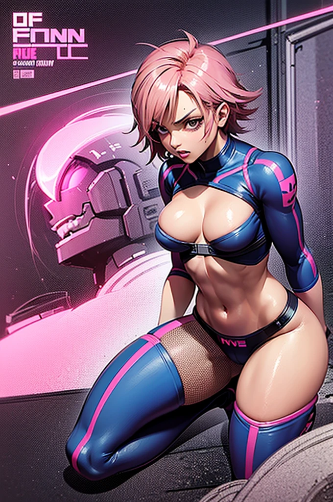 1 female, front view, pink hair, full body, feisty look realistic lips, neon blue techno spandex, small waist, wide hips, , exposed cleavage, fighting pose, pink tactical belt, standing in front of a mecha, hourglass figure, annoyed, in a jungle, short hair, best quality
