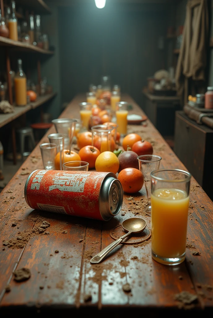 long table,A little perspective,Toppled beverage can,Fruit,messy,dusty glasses