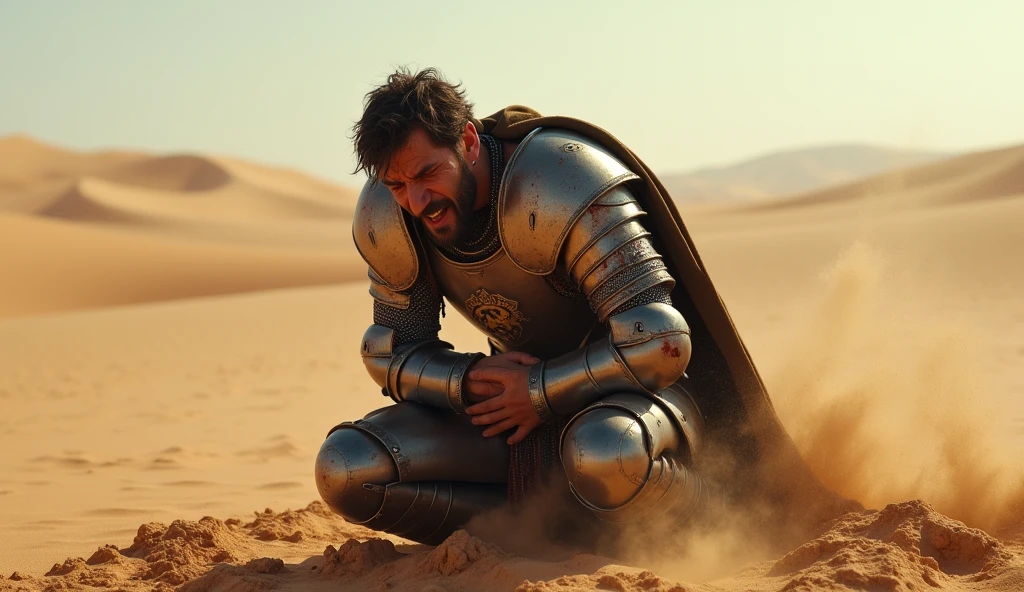 A highly realistic, high-contrast, 8K HD, detailed, hyper-detailed image of a knight clad in steel armor adorned with a lion emblem, who has been defeated in battle. He is shown crouching down in the vast desert, clutching his stomach in pain as he struggles to stay upright. The knight's expression is one of intense suffering, with sweat and sand clinging to his face under the harsh desert sun. His once-imposing armor, marked with the proud lion emblem, is now dented and bloodstained, and the sand around him bears the signs of a brutal battle. The atmosphere is filled with a sense of despair and vulnerability, as the knight is overwhelmed by pain and the harsh desert environment. The image is of the highest quality, with ultra-high resolution, RAW photo quality, and Unreal Engine rendering, capturing the raw emotion and harsh reality of this tragic moment in the desert.

