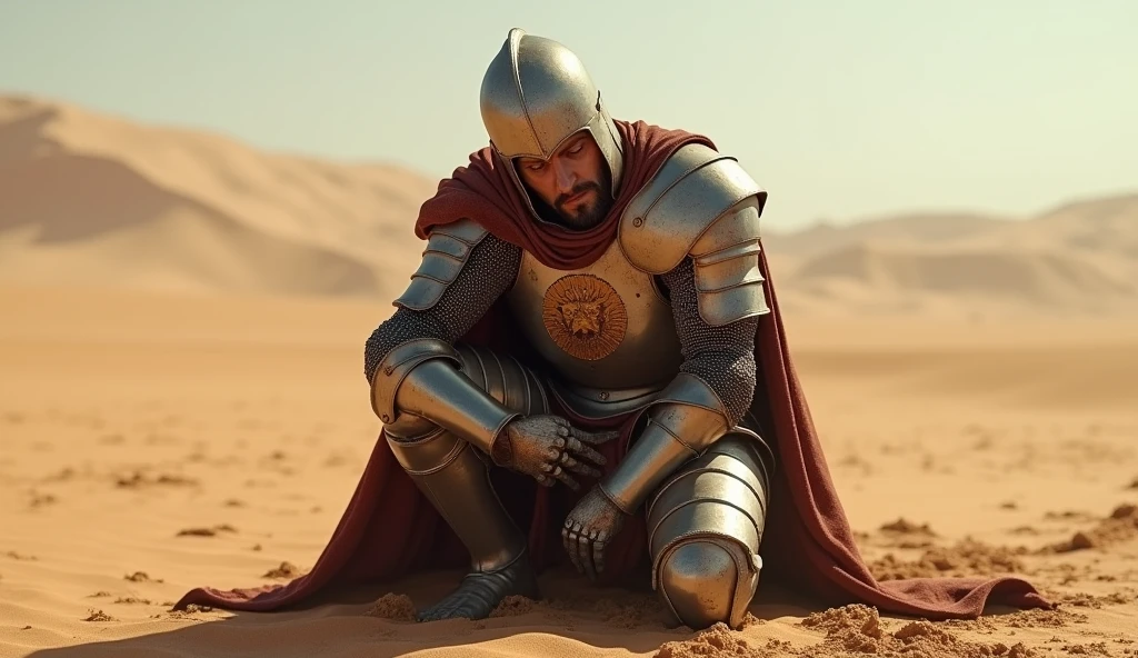 A highly realistic, high-contrast, 8K HD, detailed, hyper-detailed image of a knight clad in steel armor adorned with a lion emblem, who has been defeated in battle. He is shown crouching down in the vast desert, clutching his stomach in pain as he struggles to stay upright. The knight's expression is one of intense suffering, with sweat and sand clinging to his face under the harsh desert sun. His once-imposing armor, marked with the proud lion emblem, is now dented and bloodstained, and the sand around him bears the signs of a brutal battle. The atmosphere is filled with a sense of despair and vulnerability, as the knight is overwhelmed by pain and the harsh desert environment. The image is of the highest quality, with ultra-high resolution, RAW photo quality, and Unreal Engine rendering, capturing the raw emotion and harsh reality of this tragic moment in the desert.