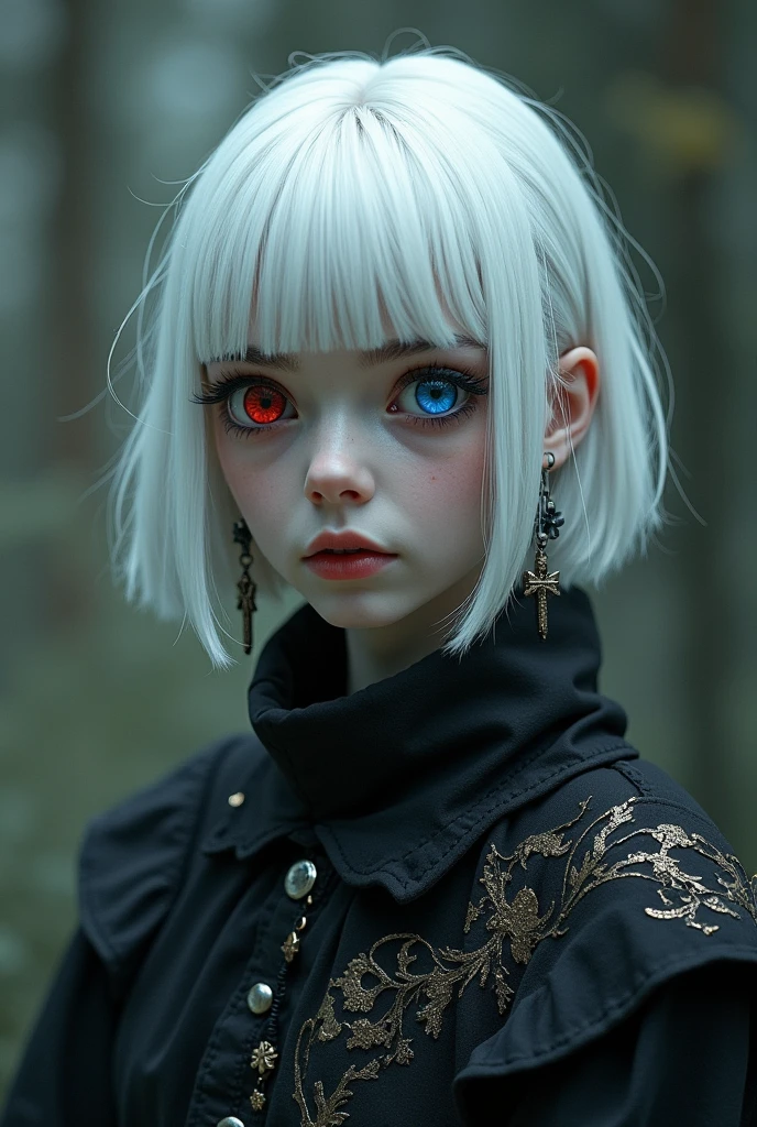 A white-haired teenager, Wearing cross earrings,Red and blue eyes,Wearing Turner