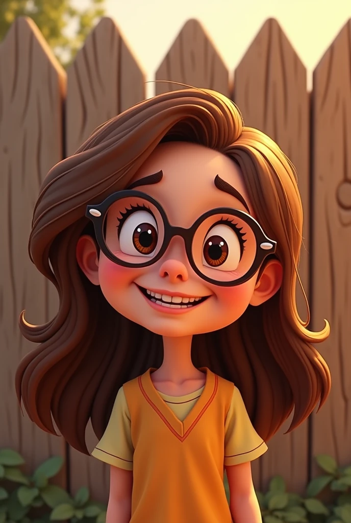 Disney character with glasses,  happy,  Brown hair, so that the, jesrsey, fence