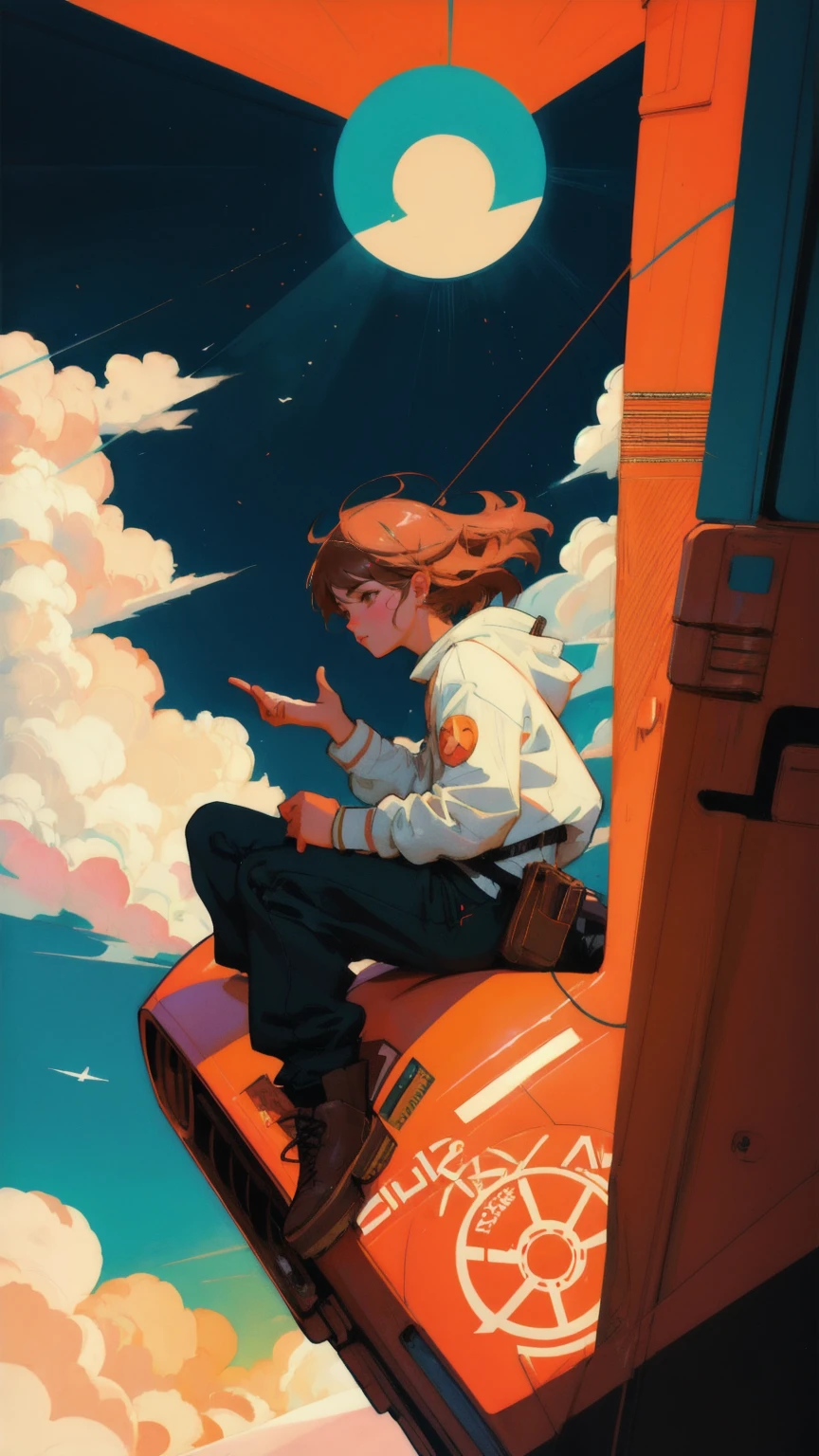 there is a cartoon of a cute beautiful girl riding a plane in the sky, looks frustrated or confused, dealing with a makeshift solution that seems like it won’t last. poster art inspired by Rinaldo Cuneo, pixiv contest winner, conceptual art, posuka demizu, josan gonzales, epic full color illustration, akira art style, flcl cover, jc leyendecker and sachin teng, akira style illustration, josan gonzales!!!the background should brown.