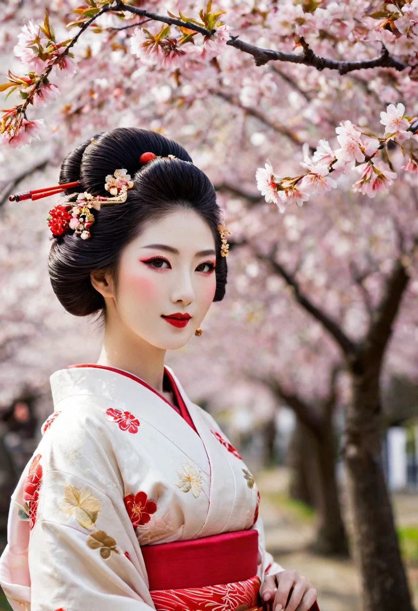 (A geisha stands gracefully under a cherry blossom, Look back and smile: 1.37), Pink cherry blossom petals next々And they scatter, (whole body) The face base makeup has no highlight or shadow decoration. Foundation covers the entire face and neck. Red lip makeup、The area of the mouth that is smaller than normal lips. Strengthen your eyes, Makes pupils appear darker and deeper. Straight eyebrows are not only eye-catching、Informal, Cleanse the entire face. Typical Japanese Geisha makeup, Wearing a gorgeous kimono embroidered with red and gold cherry blossoms, This is a long-sleeved kimono, Wearing clogs, Realistic depiction of light and shadow, Realistic and exaggerated photos, super high quality, Super Details, Cinematic shots, Shallow depth of field