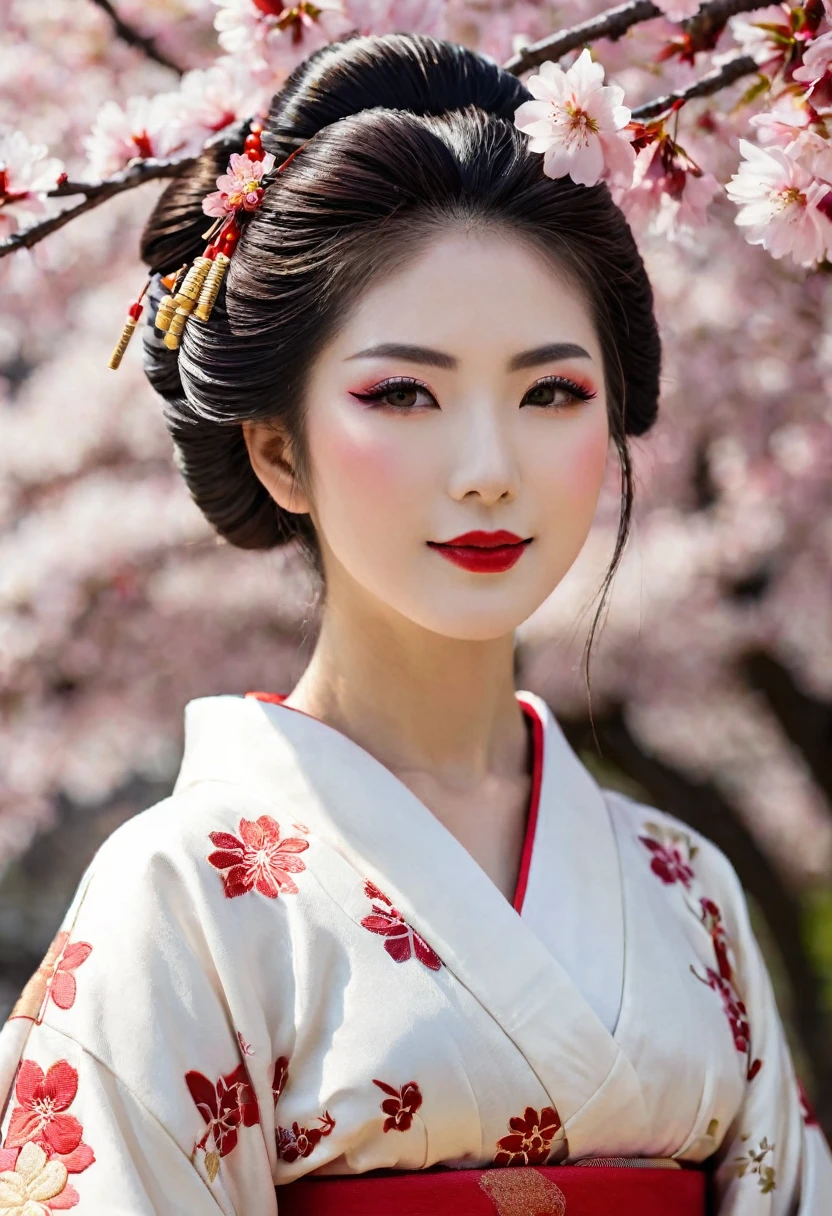 (A geisha stands gracefully under a cherry blossom, Look back and smile: 1.37), Pink cherry blossom petals next々And they scatter, (whole body) The face base makeup has no highlight or shadow decoration. Foundation covers the entire face and neck. Red lip makeup、The area of the mouth that is smaller than normal lips. Strengthen your eyes, Makes pupils appear darker and deeper. Straight eyebrows are not only eye-catching、Informal, Cleanse the entire face. Typical Japanese Geisha makeup, Wearing a gorgeous kimono embroidered with red and gold cherry blossoms, This is a long-sleeved kimono, Wearing clogs, Realistic depiction of light and shadow, Realistic and exaggerated photos, super high quality, Super Details, Cinematic shots, Shallow depth of field