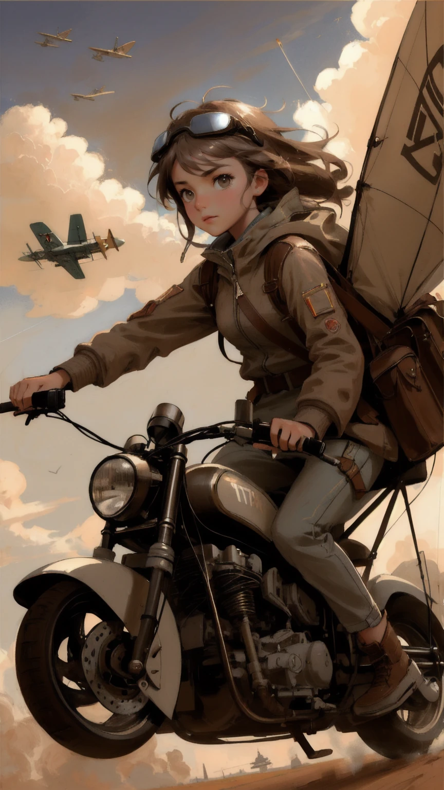 Illustrate a beautiful, cute girl wearing aviator goggles, piloting a vintage aircraft patched up with duct tape labeled 'Permanent Temporary Fix.' The background must be brown, with the sepia-toned sky filled with dynamic action, clouds, and other flying machines. The girl's expression should be focused and determined, capturing the intensity of the aerial battle.