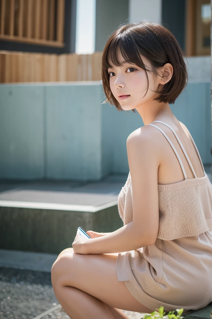 1girl, short hair, grabs a smartphone ,natural skin