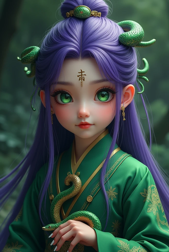 Most beautiful 6 yo xianxia female protagonist,,cold face,purple dominant fillamen and black obsidian undertone long hair ,green eyes,poison aura,green poisonous snake at hand,hand detail ,use majestic garmen with dark green forest dominant fillamen,Jade phosporus serpent at neck,tight clothes,big breast,golden pattern clothes,face detailed,lips detailed,thin red lips,golden rune scratch at fore head ,forehead detailed,better quality, masterpiece,24K ultra hd,super beautiful detail,goddess featuring