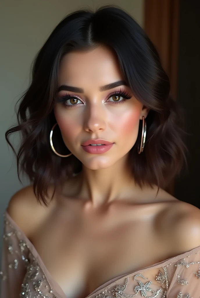 A pretty Persian girl with dark brown hair, soft pink blush and shimmering eyeshadow, thick and full eyelashes, long black mascara in a winged style, big round silver hoop earrings, wearing an off-shoulder short-sleeve dress, and a wavy bob haircut. Close-up photo shot.