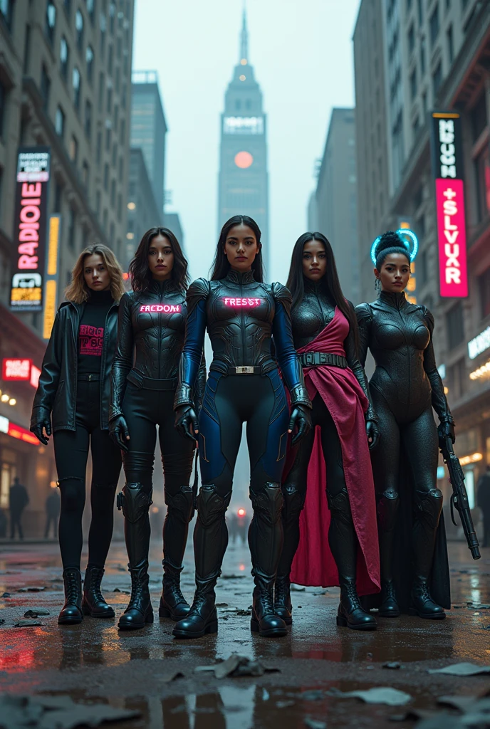 A cinematic, photorealistic image of a dystopian urban environment with dark skies and towering, oppressive buildings in the background. The streets are empty and desolate, littered with remnants of past protests—torn posters, broken signs, and graffiti scattered around. The scene features four powerful women standing in a tight, united formation. The Leader, a young woman with a commanding presence, is dressed in a bold, futuristic military-style jacket with sharp lines and metallic accents in black and red. Her chest patch boldly displays the message "My Body, My Choice" in glowing letters. She holds a futuristic staff with a flag that reads “Resist” in bold, electrified text. The Tactician, wearing a sleek, armored suit in shades of blue and silver, has holographic maps and data projections on her sleeves. Her message "Freedom is Non-Negotiable" glows on her forearm as she holds a high-tech device for coordinating movements and communications. The Warrior is clad in a dark, heavy-duty exosuit with neon pink accents, rugged with battle scars. Her chest armor bears the etched message "No More Silence," and she wields a futuristic weapon, symbolizing her readiness to defend their rights. The Visionary, dressed in flowing, iridescent robes that change colors with movement, projects her message "Our Future, Our Rights" above her head like a halo. She holds a glowing orb, symbolizing the light of hope and the future they fight to protect. The low-angle shot frames the women to appear larger-than-life, towering over the viewer, with holographic projections of past protests in the background, emphasizing their strength, unity, and determination. The image is captured with high-resolution clarity, cinematic lighting, and a focus on dramatic shadows and contrasts, highlighting the dystopian atmosphere and the characters' powerful presence.