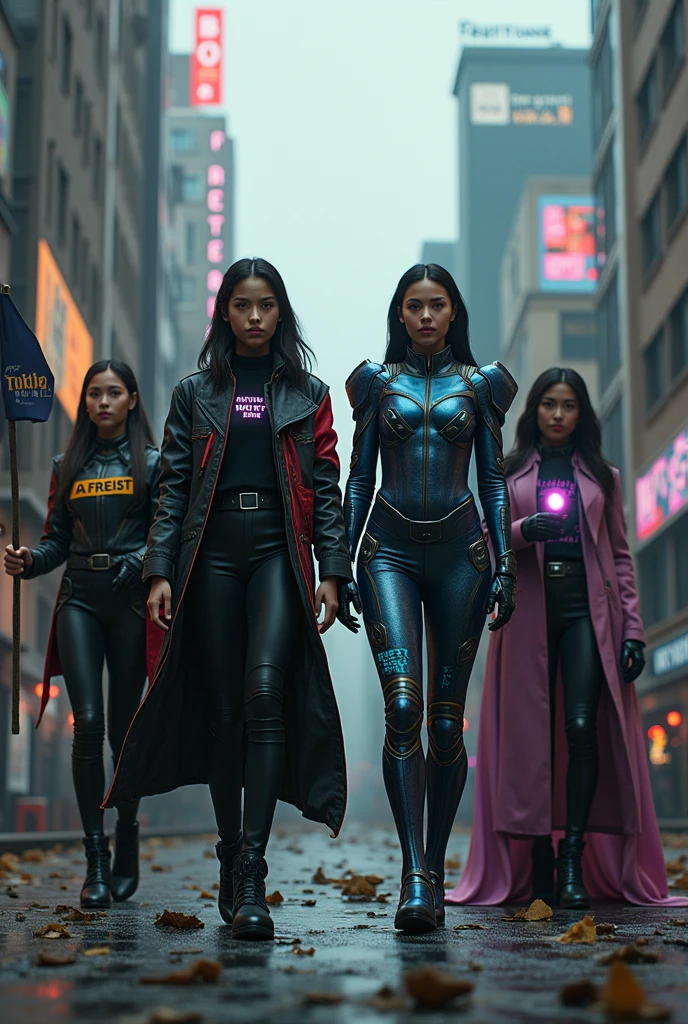 A cinematic, photorealistic image of a dystopian urban environment with dark skies and towering, oppressive buildings in the background. The streets are empty and desolate, littered with remnants of past protests—torn posters, broken signs, and graffiti scattered around. The scene features four powerful women standing in a tight, united formation. The Leader, a young woman with a commanding presence, is dressed in a bold, futuristic military-style jacket with sharp lines and metallic accents in black and red. Her chest patch boldly displays the message "My Body, My Choice" in glowing letters. She holds a futuristic staff with a flag that reads “Resist” in bold, electrified text. The Tactician, wearing a sleek, armored suit in shades of blue and silver, has holographic maps and data projections on her sleeves. Her message "Freedom is Non-Negotiable" glows on her forearm as she holds a high-tech device for coordinating movements and communications. The Warrior is clad in a dark, heavy-duty exosuit with neon pink accents, rugged with battle scars. Her chest armor bears the etched message "No More Silence," and she wields a futuristic weapon, symbolizing her readiness to defend their rights. The Visionary, dressed in flowing, iridescent robes that change colors with movement, projects her message "Our Future, Our Rights" above her head like a halo. She holds a glowing orb, symbolizing the light of hope and the future they fight to protect. The low-angle shot frames the women to appear larger-than-life, towering over the viewer, with holographic projections of past protests in the background, emphasizing their strength, unity, and determination. The image is captured with high-resolution clarity, cinematic lighting, and a focus on dramatic shadows and contrasts, highlighting the dystopian atmosphere and the characters' powerful presence.