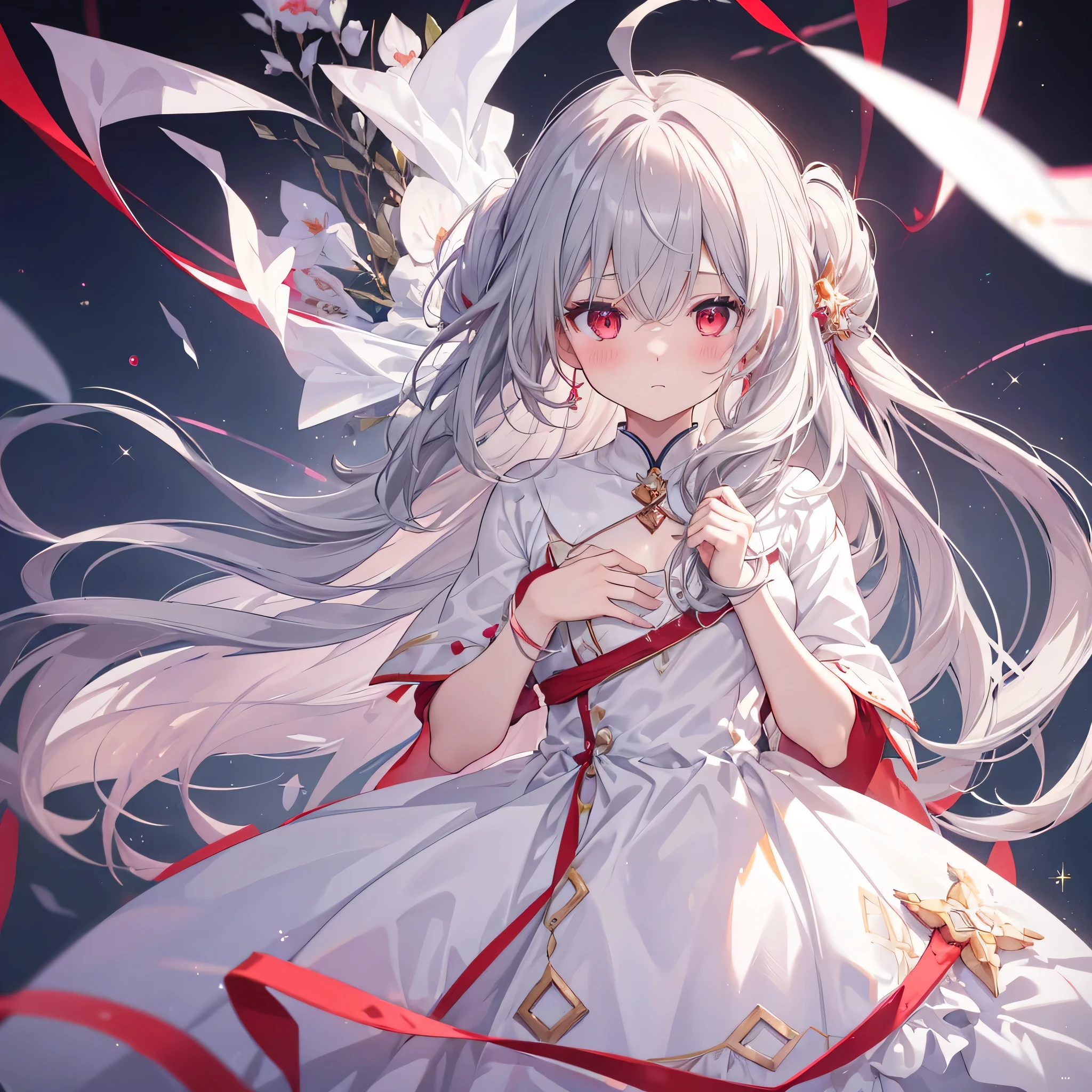 One person, One personで, Long Hair, High resolution, chest, blush, とてもLong Hair, Gray Hair, Ahoge, High resolution, masterpiece, Highest quality, Simple Background, Red eyes, Sparkle Effect, White Dress、Noble、Lady、running、