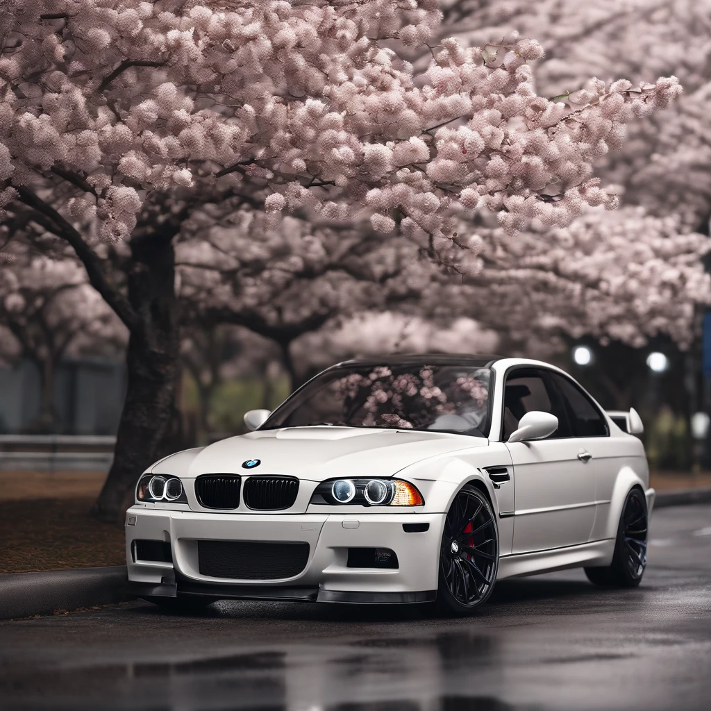 masterpiece, best quality, High detail texture, Soft lightning, Shrine, Sakura tree, white bmw m3 car car, Parking lot, 1 car