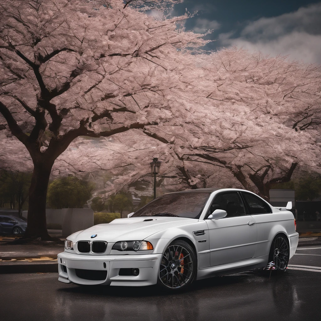 masterpiece, best quality, High detail texture, Soft lightning, Shrine, Sakura tree, white bmw m3 car car, Parking lot, 1 car