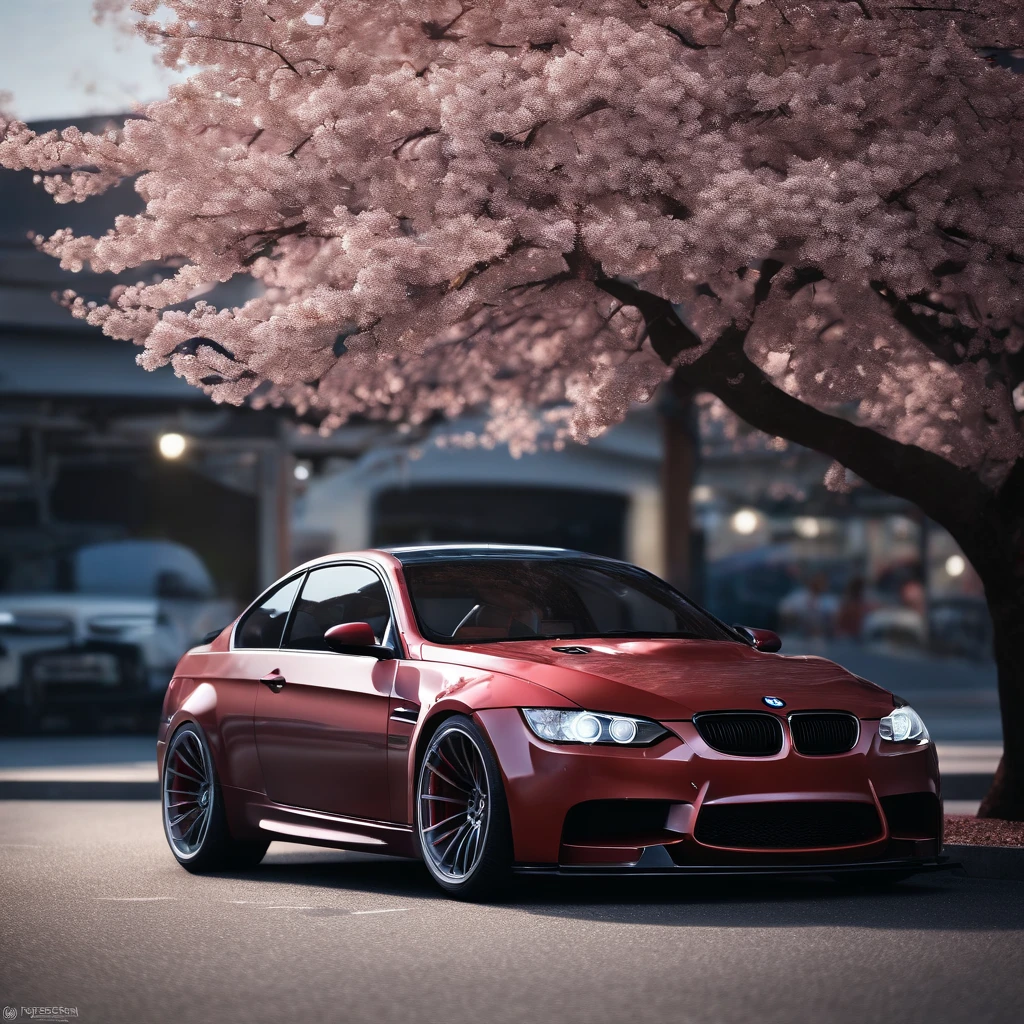 masterpiece, best quality, High detail texture, Soft lightning, Shrine, Sakura tree, white bmw m3 car car, Parking lot, 1 car