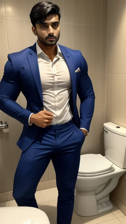 Use my character ARJUN SHARMA INDIAN LATINO GAY MAN in business suit open pant in underwear sexy gestures, standing in toilet for peeing spread legs, huge bulge, side pose view