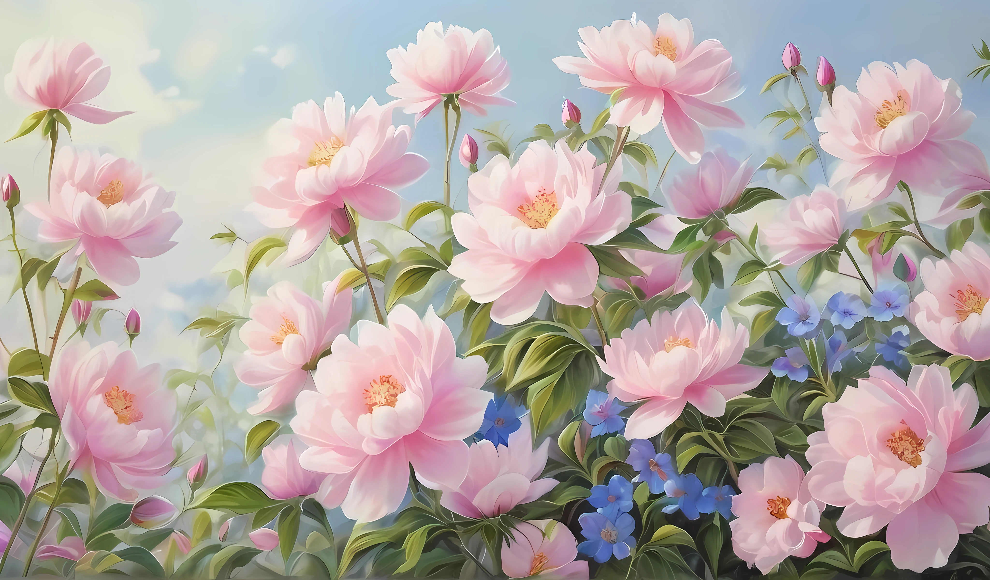 painting of pink flowers with green leaves and blue sky in background, realistic flowers oil painting, pink flowers, beautiful large flowers