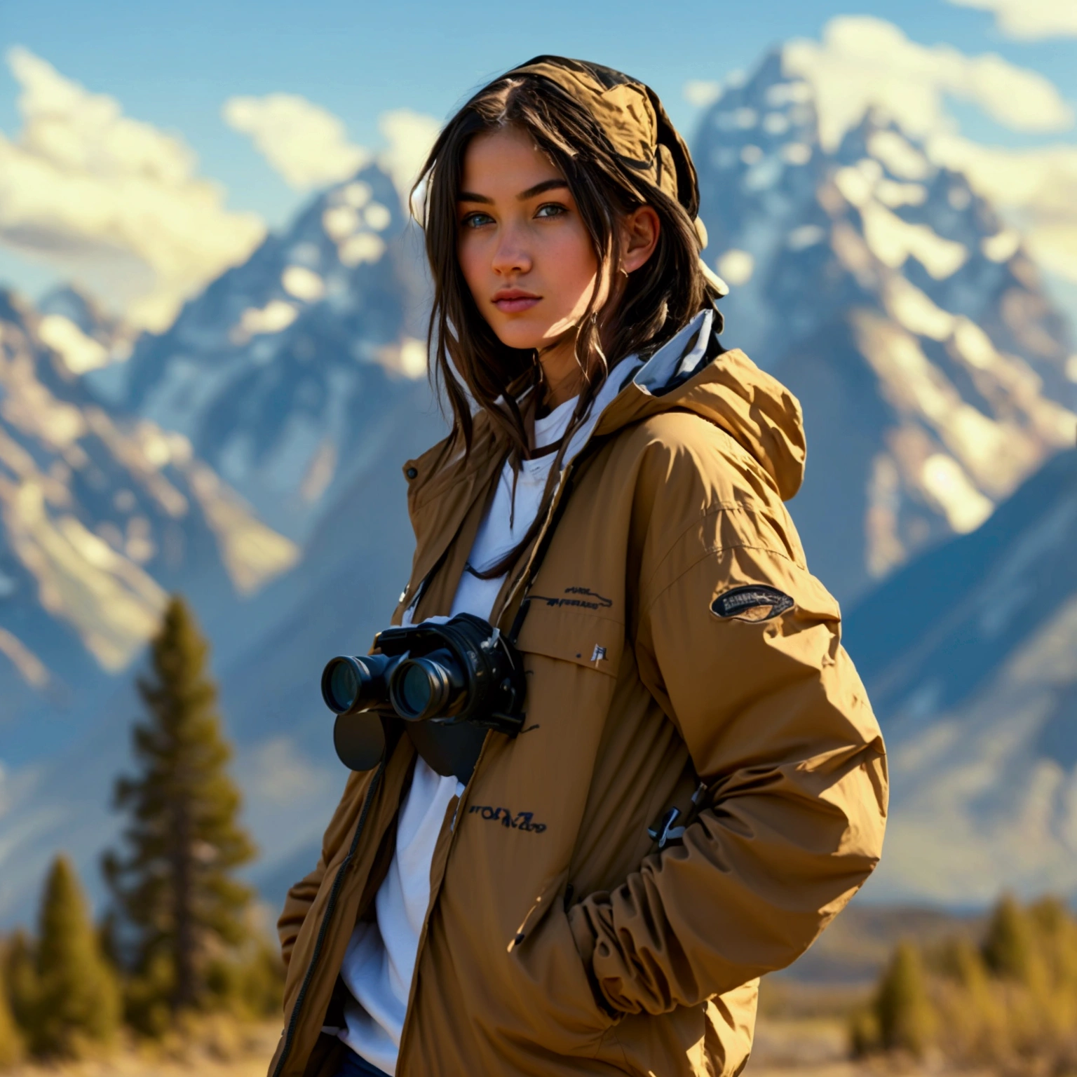 A 19-year-old woman standing in Grand Teton National Park, dressed in a functional yet stylish streetwear ensemble featuring a windbreaker and cargo pants. She’s holding a pair of binoculars, taking in the stunning mountain views, with the towering peaks of the Tetons as a backdrop.