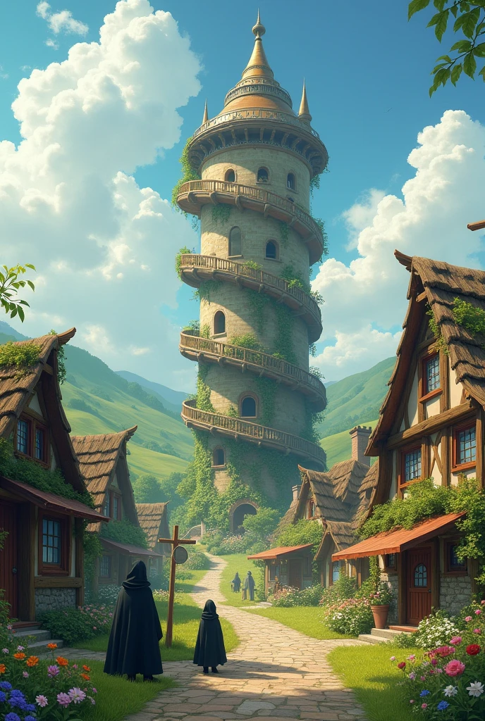 A scene of a fantasy village with a magic tower in the middle