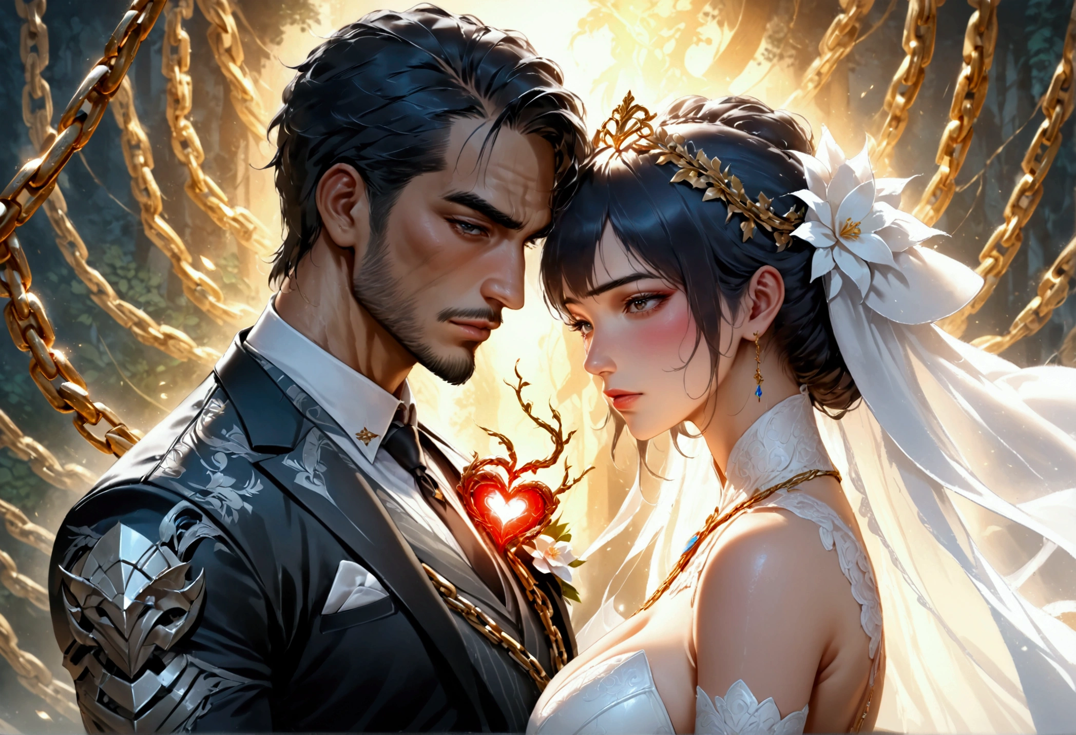 oil painting anime comic art, Julie Bell art of a groom held by ((radiant chains: 1.2)), in his wedding day and his bride, a handsome groom, wearing suit and tie, BREAK AND a beautiful, sexy bride, busty bride, wearing white leather wedding dress, the chain holds the groom, with chains, the chain forms the shape of red glowing heart, cinematic light, High Detail, Ultra High Quality, High Resolution, 16K Resolution, Ultra HD Pictures, Ultra Realistic, Clear Details, Realistic Detail, Ultra High Definition, rpg portrait, art by mooncryptowow