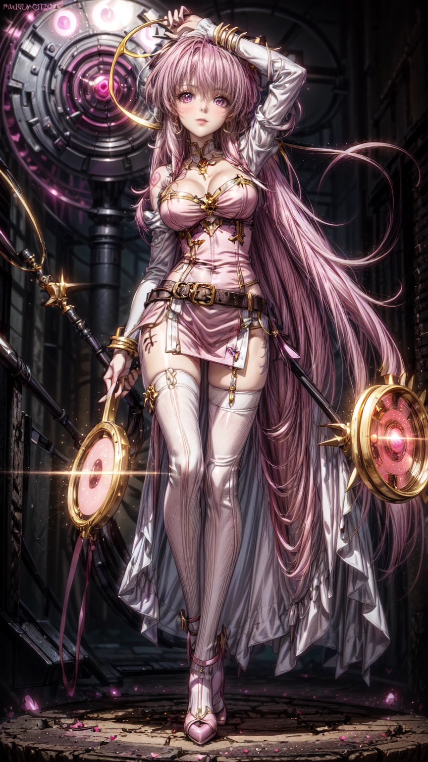 CelineJules, a beautiful mid 20s woman with a slender anime build, light lavender hair in a loose cascade, (inner thigh tattoos (pink:1.4):1.42), standing in a contrapposto stance with a light smile, wearing a deep purple wrap dress, (front of skirt is hiked up), white lace stockings, high-heeled purple boots, and a heavy bust, holding a magic staff above her head in a spell casting pose, set against a starry void background, (pink glowing magic symbol circles:1.27), a swirl of energy around her feet, with extremely detailed facial features, finely detailed hands, accurate hands, best hands, correct anatomy, detailed eyes, and intricate background details, rendered in 16k resolution with best quality and masterpiece style, under moody lighting