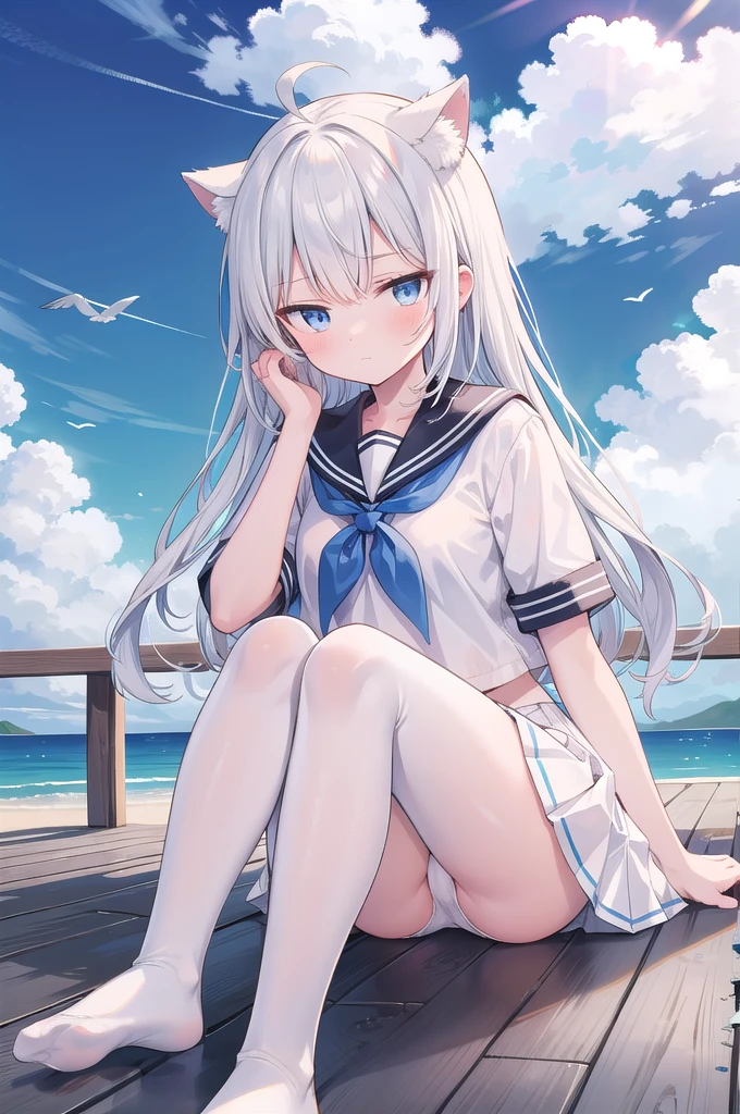 (masterpiece, best quality), a girl, solo, skirt, sky, sitting, serafuku, cloud, outdoors, neckerchief, day, shirt, ahoge, rooftop, long hair, white pantyhose,white hair, white school uniform, white sailor collar, blue eyes, sailor collar, white skirt, White silk socks, white serafuku blue sky, white shirt, closed mouth, white skirt, cloudy sky, pleated, Ruffle, no shoes, Blue and white stripe panties, Woman showing off her panties