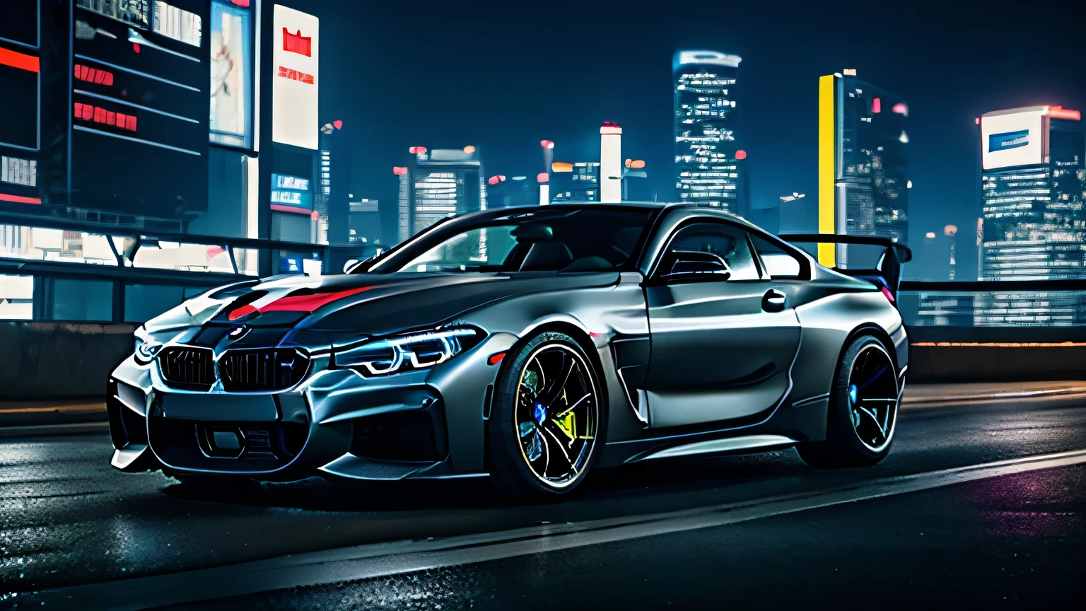 Masterpiece, top quality, high quality, high detailed, Super car, coupe car, cyber car, ((by bmw)) black color, black wheels color, big spoiler, body kit, low loaded, (cyberpunk, cyberpunk style, cyberpunk 2077, sci-fi, futuristic), parking beside of sidewalk, front view, road light, night time, cyberpunk city background, tall buildings, tall towers, neon, holograms, no one