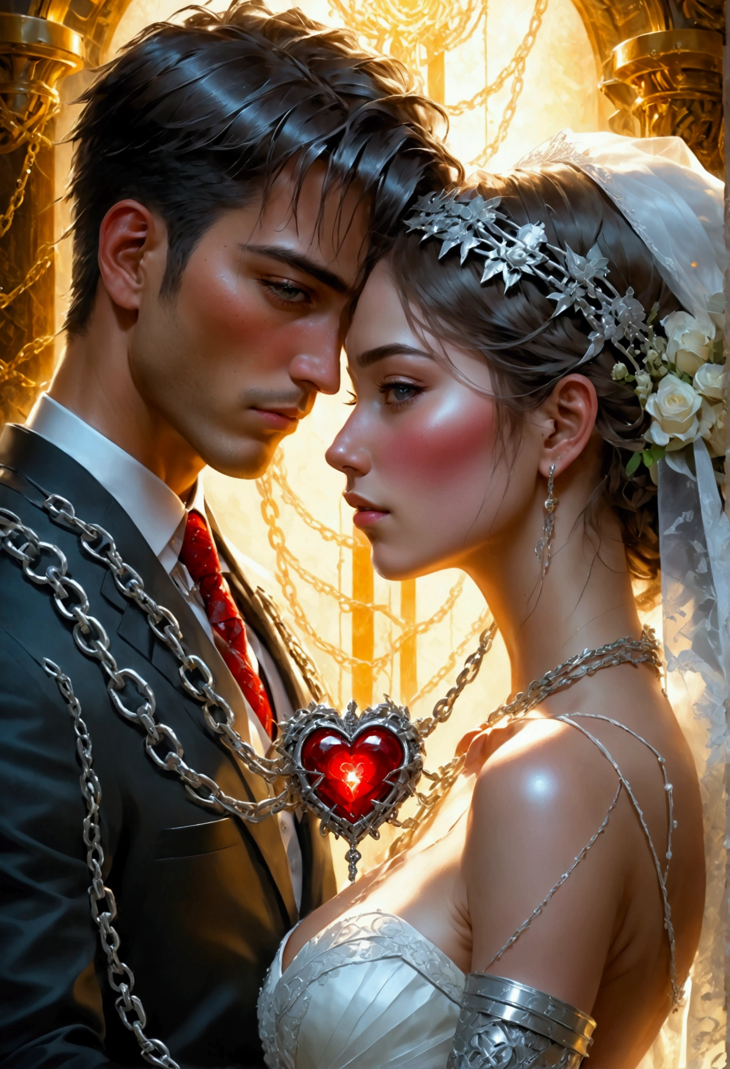 oil painting anime comic art, Julie Bell art of a groom held by ((radiant chains: 1.2)), in his wedding day and his bride, a handsome groom, wearing suit and tie, BREAK AND a beautiful, sexy bride, busty bride, wearing white leather wedding dress, the chain holds the groom, with chains, the chain forms the shape of red glowing heart, cinematic light, High Detail, Ultra High Quality, High Resolution, 16K Resolution, Ultra HD Pictures, Ultra Realistic, Clear Details, Realistic Detail, Ultra High Definition, rpg portrait, art by mooncryptowow