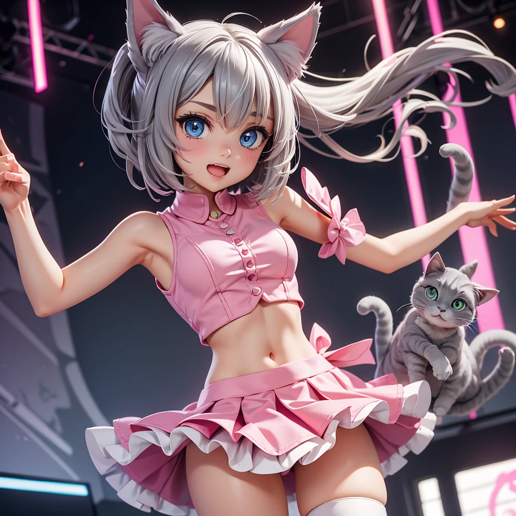 (masterpiece), (best quality), (High quality), (perfect anatomy), (perfect hands),BREAK, expressive eyes, perfect face, 1girl, (grey cat ears: 1.5), BREAK, (medium hair, grey hair: 1.6, pixie cut), BREAK, (big eyes, perfect eyes, blue eyes, thick eyelashes), BREAK, (thin eyebrow), BREAK, (short height), slim bulid, BREAK, happy, singing, open mouth, blush, BREAK, (medium breasts), BREAK, (pink shirt: 1.4, idol shirt: 1.2, cropped: 1.3, sleeveless: 1.3), (visible stomach), BREAK, (low-rise pink idol miniskirt: 1.3), (white stockings: 1.2), BREAK, (expressive dancing), (upper body), BREAK, (view from front: 1.5), BREAK, (standing on the stage), BREAK, ( face_focus), looking at the camera,