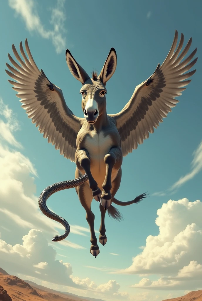 A real picture of a donkey flying and holding a snake in its hand like a falcon