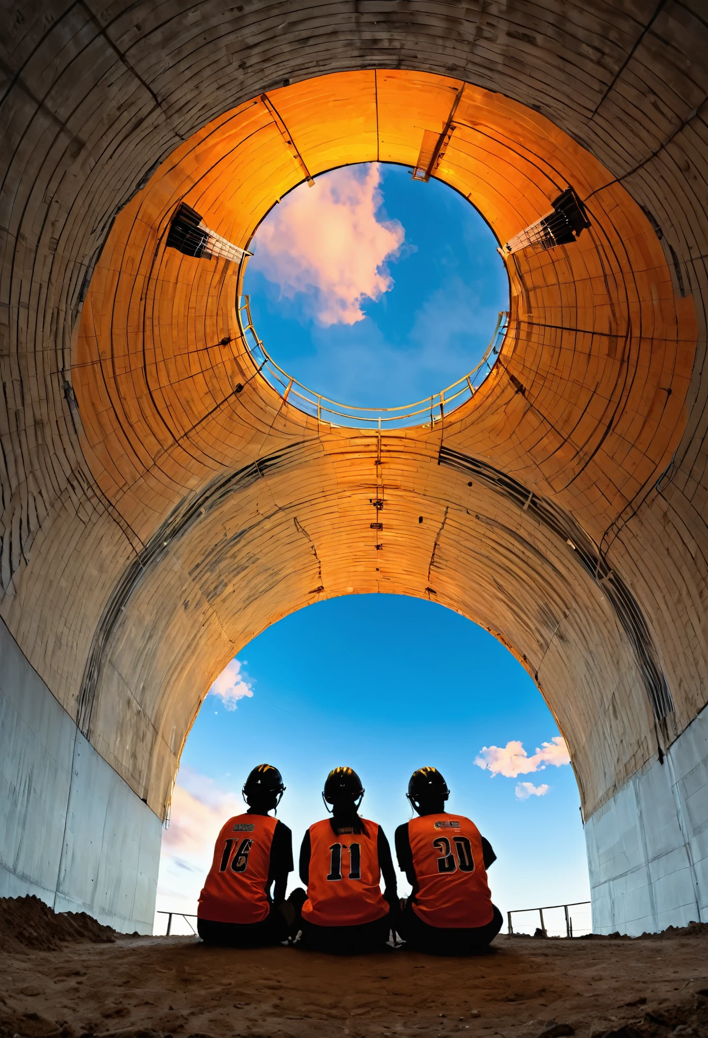 Beautiful Valleyball Players, (Sitting in Tunnel Construction site:1.3), (From below:1.5), Beautiful orange sky and clouds,
