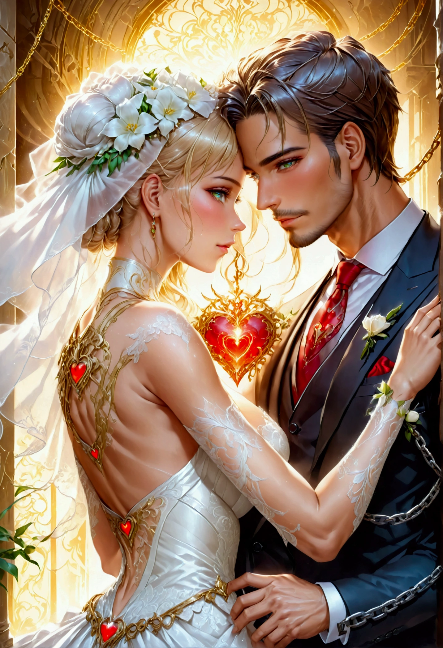 oil painting anime comic art, Julie Bell art of a groom held by ((radiant chains: 1.2)), in his wedding day and his bride, a handsome groom, wearing suit and tie, BREAK AND a beautiful, sexy bride, busty bride, wearing white leather wedding dress, the chain holds the groom, with chains, the chain forms the shape of red glowing heart, cinematic light, High Detail, Ultra High Quality, High Resolution, 16K Resolution, Ultra HD Pictures, Ultra Realistic, Clear Details, Realistic Detail, Ultra High Definition, rpg portrait, art by mooncryptowow