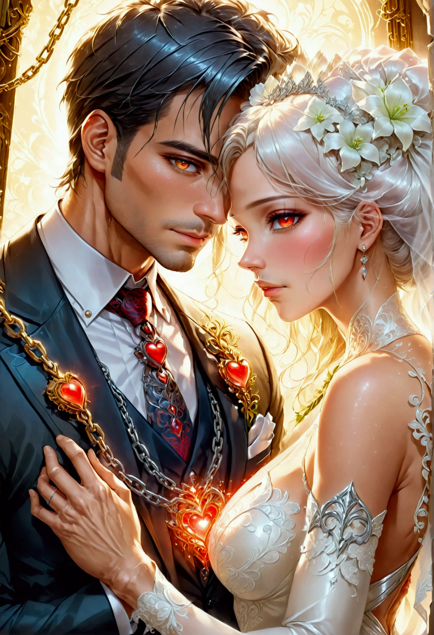 oil painting anime comic art, Julie Bell art of a groom held by ((radiant chains: 1.2)), in his wedding day and his bride, a handsome groom, wearing suit and tie, BREAK AND a beautiful, sexy bride, busty bride, wearing white leather wedding dress, the chain holds the groom, with chains, the chain forms the shape of red glowing heart, cinematic light, High Detail, Ultra High Quality, High Resolution, 16K Resolution, Ultra HD Pictures, Ultra Realistic, Clear Details, Realistic Detail, Ultra High Definition, rpg portrait, art by mooncryptowow