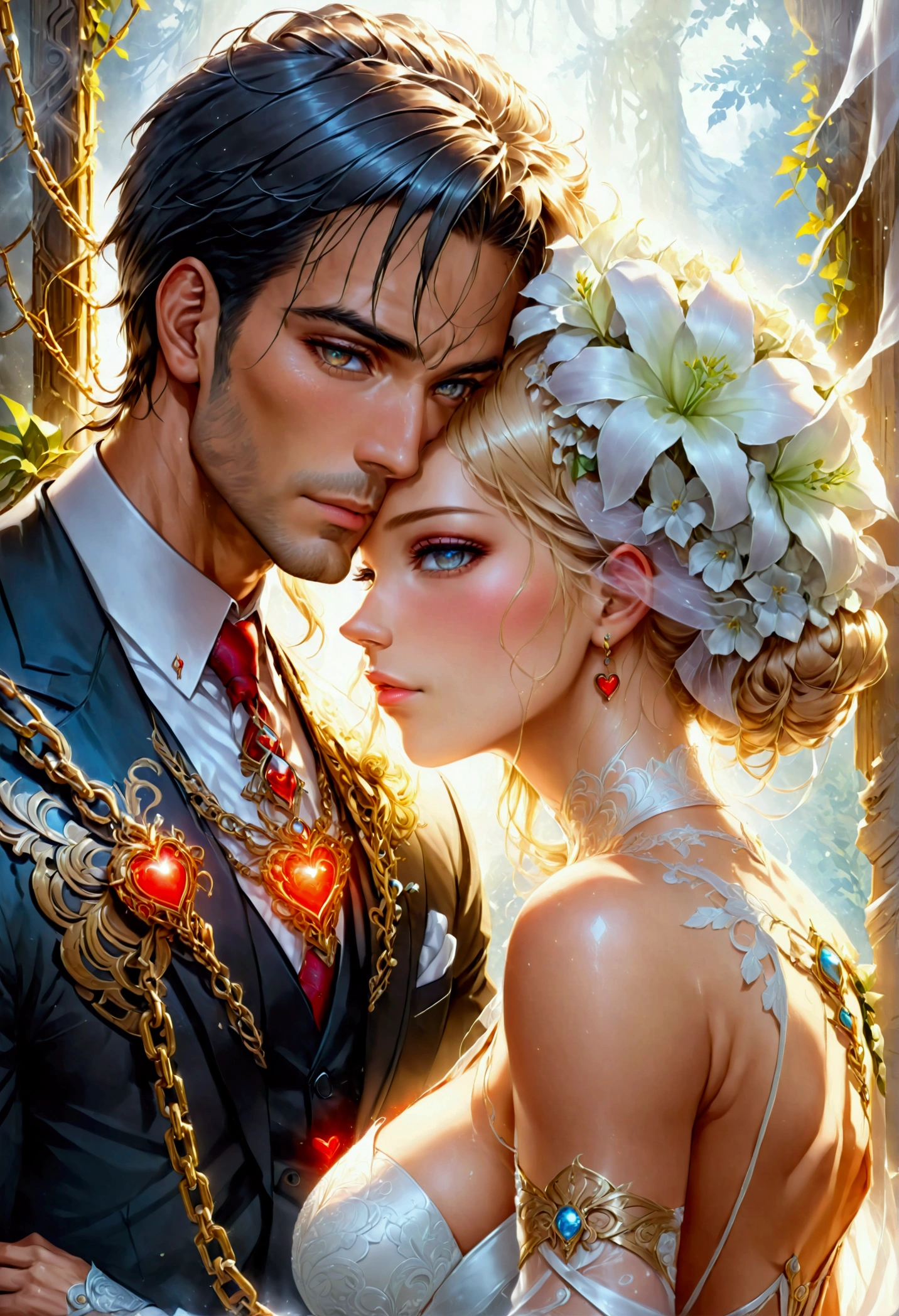 oil painting anime comic art, Julie Bell art of a groom held by ((radiant chains: 1.2)), in his wedding day and his bride, a handsome groom, wearing suit and tie, BREAK AND a beautiful, sexy bride, busty bride, wearing white leather wedding dress, the chain holds the groom, with chains, the chain forms the shape of red glowing heart, cinematic light, High Detail, Ultra High Quality, High Resolution, 16K Resolution, Ultra HD Pictures, Ultra Realistic, Clear Details, Realistic Detail, Ultra High Definition, rpg portrait, art by mooncryptowow