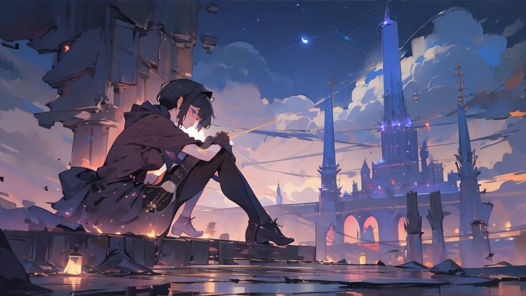 masterpiece,night,(dark alley),star、Night evening Sky、milky way、octone、
(1. Female), (solo), Knee hugging sitting,acousticguitar
