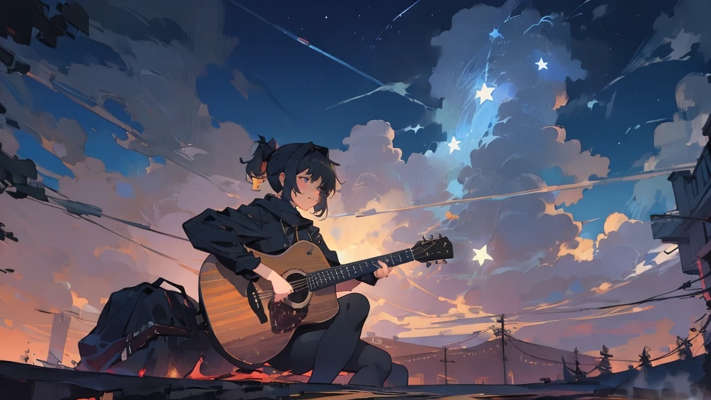 masterpiece,night,(dark alley),star、Night evening Sky、milky way、octone、
(1. Female), (solo), Knee hugging sitting,acousticguitar